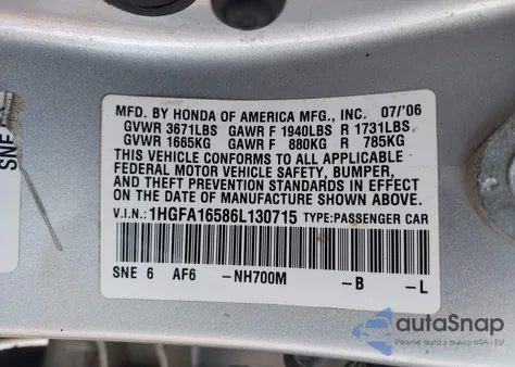 2006 Honda Civic Lx z USA, uszkodzony, nr VIN 1HGFA16586L130715